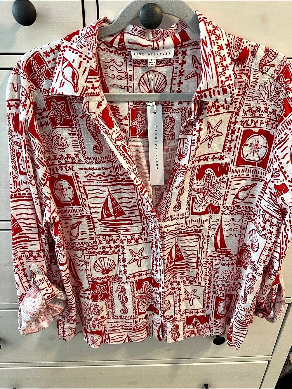 Jane + Delancey Printed Button-Front Blouse in White & Red NWT